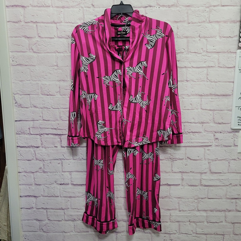 Room Service Hot Pink Zebra Stripe Pajama Set Womens XL Sleepwear Lounge Quirky